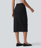 Jupe midi moulante tailleur taille haute croisée à rayures et ourlet fendu