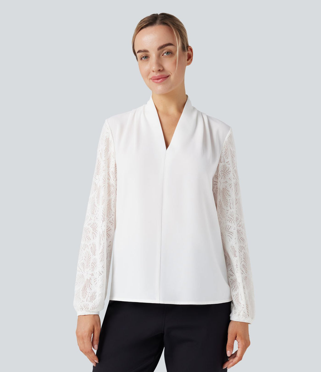 Blouse col V manches longues dentelle contrastante