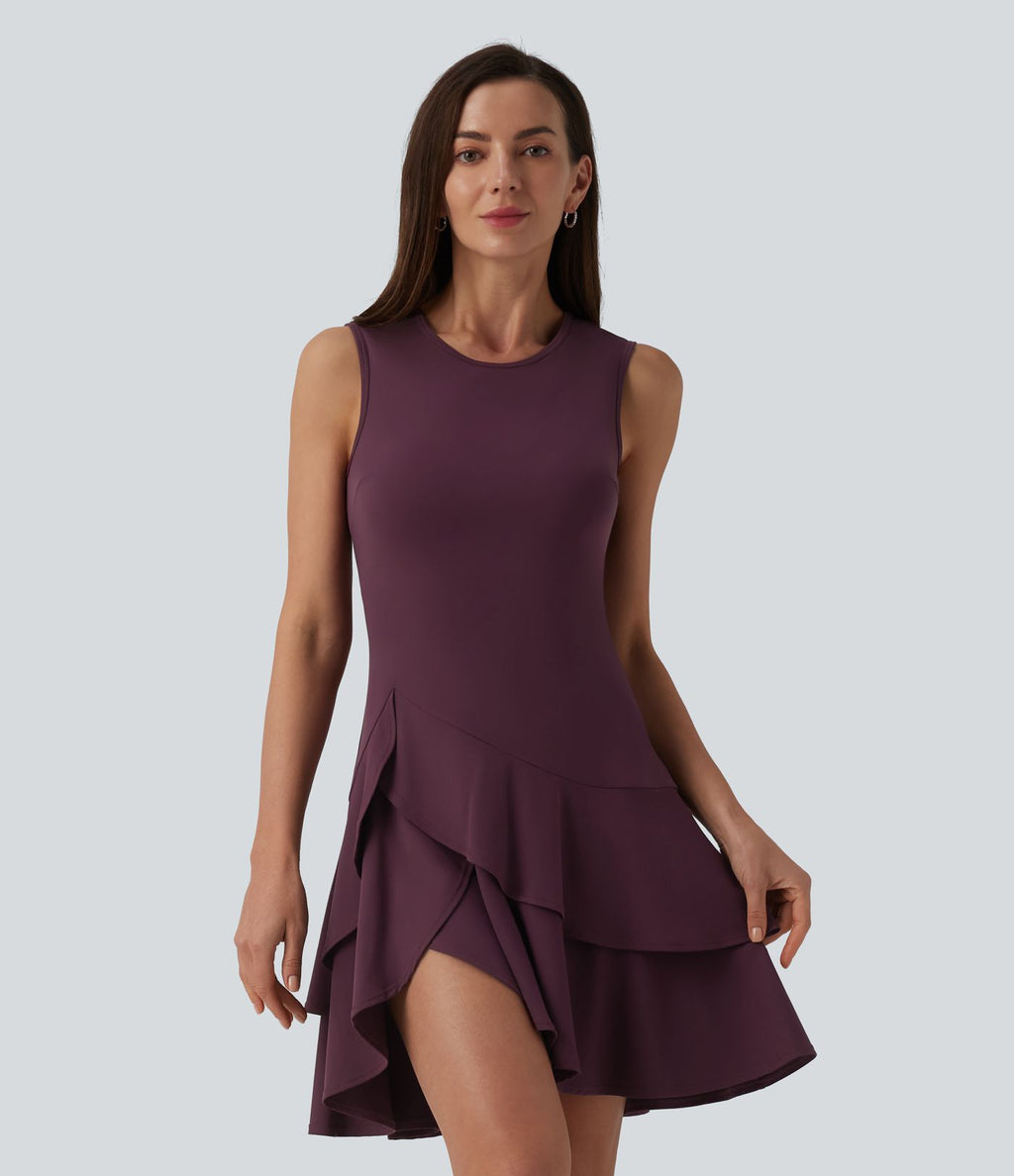 Robe mini décontractée SoftlyZero™ Airy col rond sans manches à volants superposés effet frais InstantCool