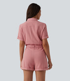 Combishort chemise manches courtes effet lin, avec ceinture et poche