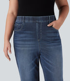 Jean droit décontracté délavé gainant taille haute grande taille avec poches Halara Flex™