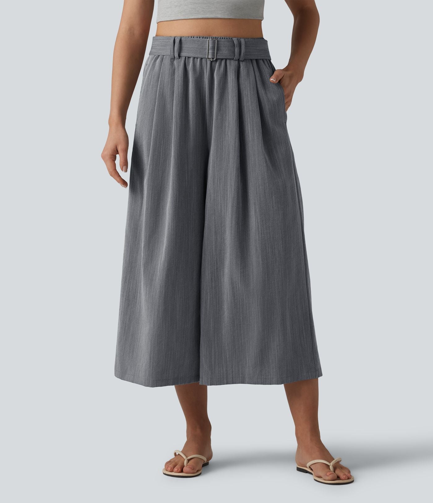 Pantalon large court casual taille haute avec ceinture aspect lin et poches