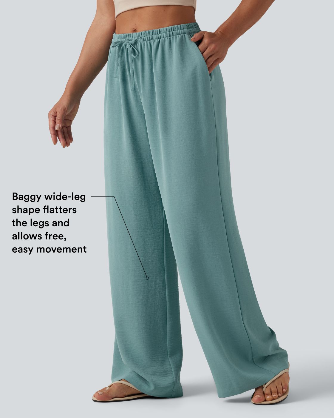 Pantalon large décontracté taille mi-haute avec cordon de serrage aspect lin avec poches