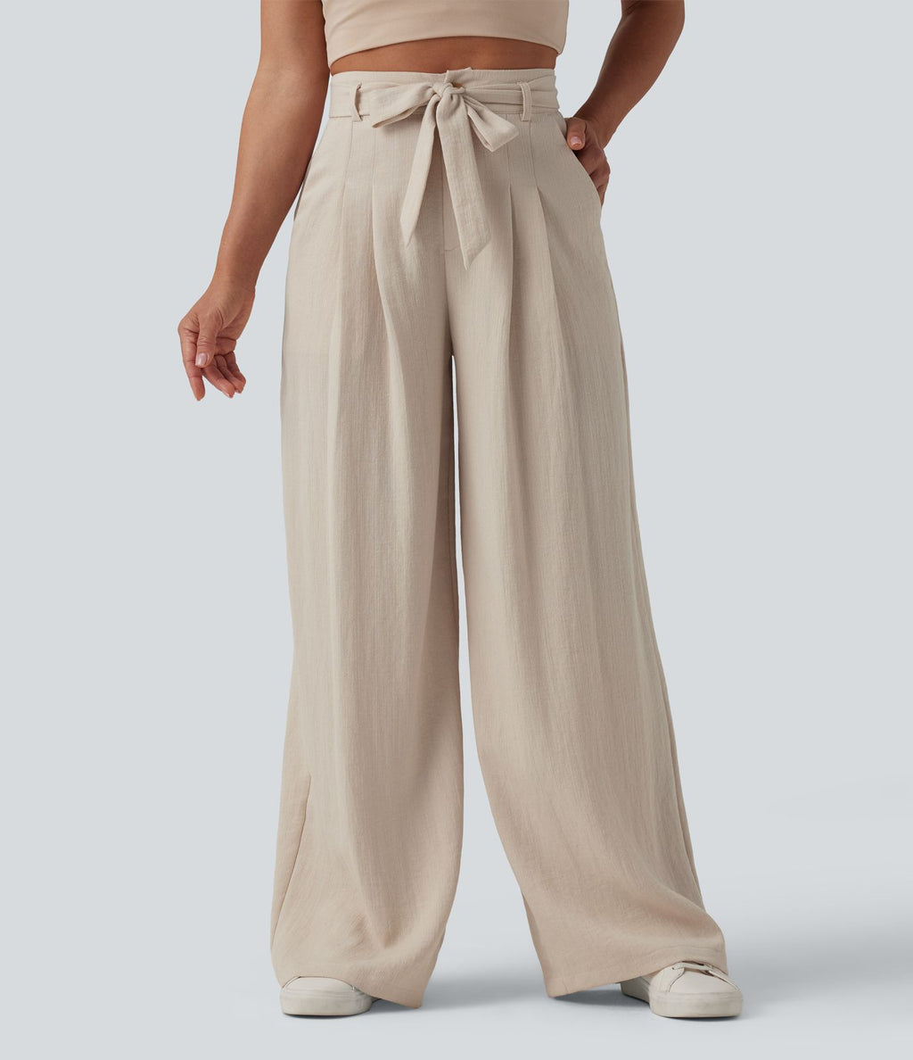 Pantalon casual ample taille haute aspect lin avec ceinture et poches