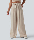 Pantalon casual ample taille haute aspect lin avec ceinture et poches