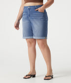 Short bermuda casual denim grande taille Halara Flex™ tricot extensible délavé taille haute multiples poches ourlet roulotté