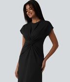 Robe de travail midi à col rond et manches courtes