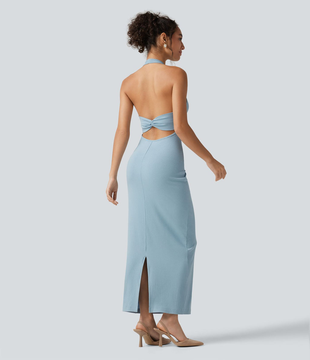 Robe midi moulante en maille côtelée à col halter