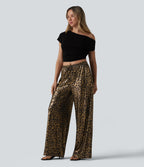 Pantalon leopard large décontracté taille mi-haute avec cordon de serrage et poches