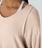 Sweatshirt Casual à Capuche Encolure en V Cordon de Serrage Trou pour le Pouce Fente et Coupe Longue