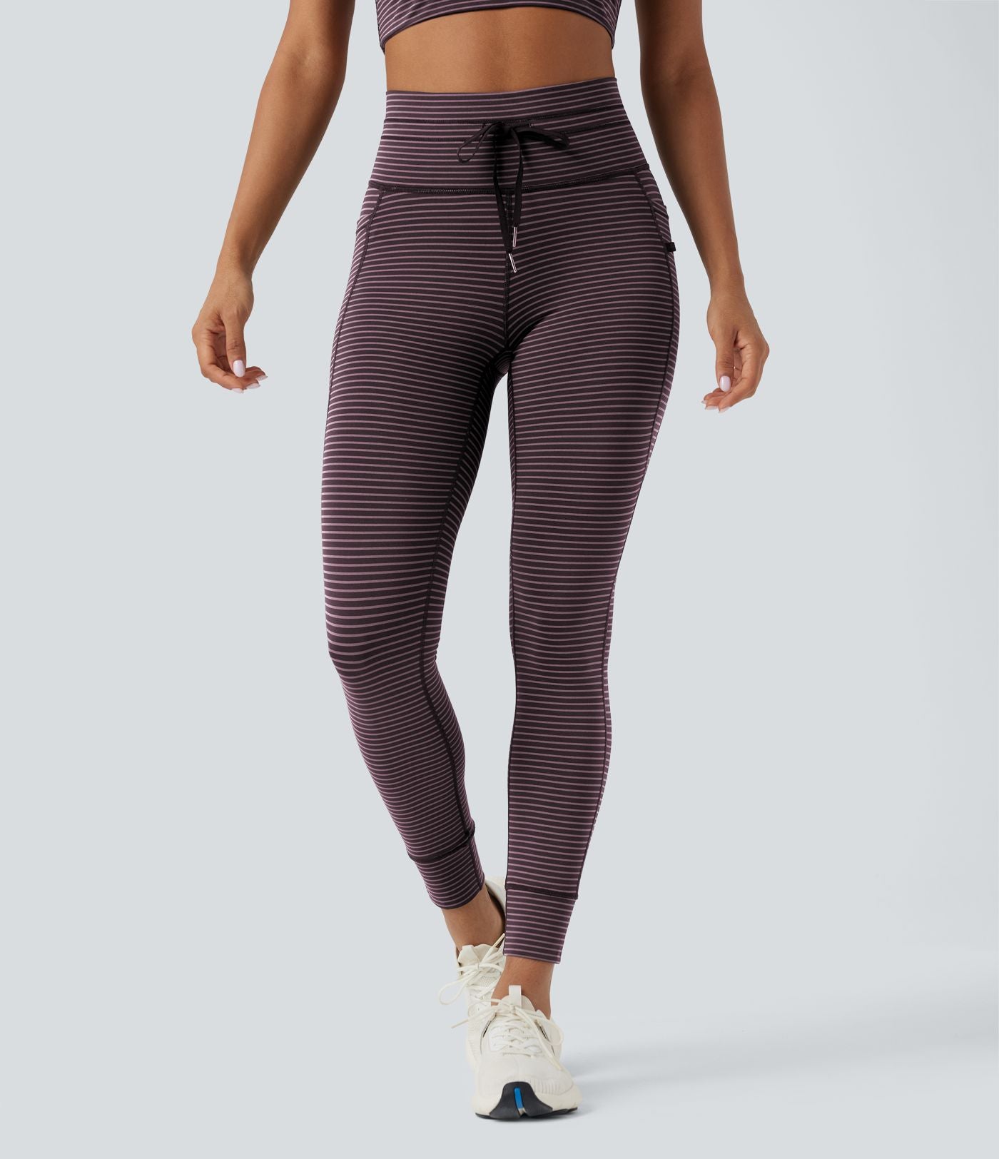 Legging de yoga rayé taille haute avec cordon de serrage et poches