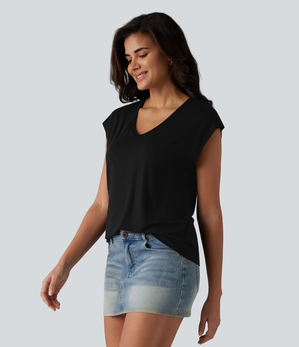 T-shirt décontracté à col V, manches courtes et soutien-gorge intégré bonnets B-DD
