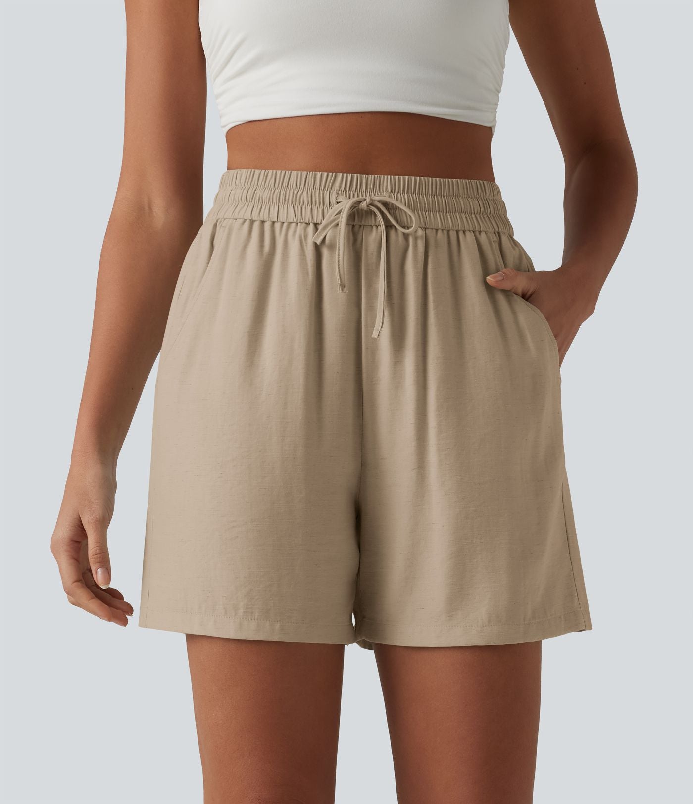 Short décontracté ample en lin mélangé taille haute avec cordon de serrage, 12,5 cm, et poches