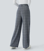 Pantalon taille haute décontracté large à carreaux, avec poches