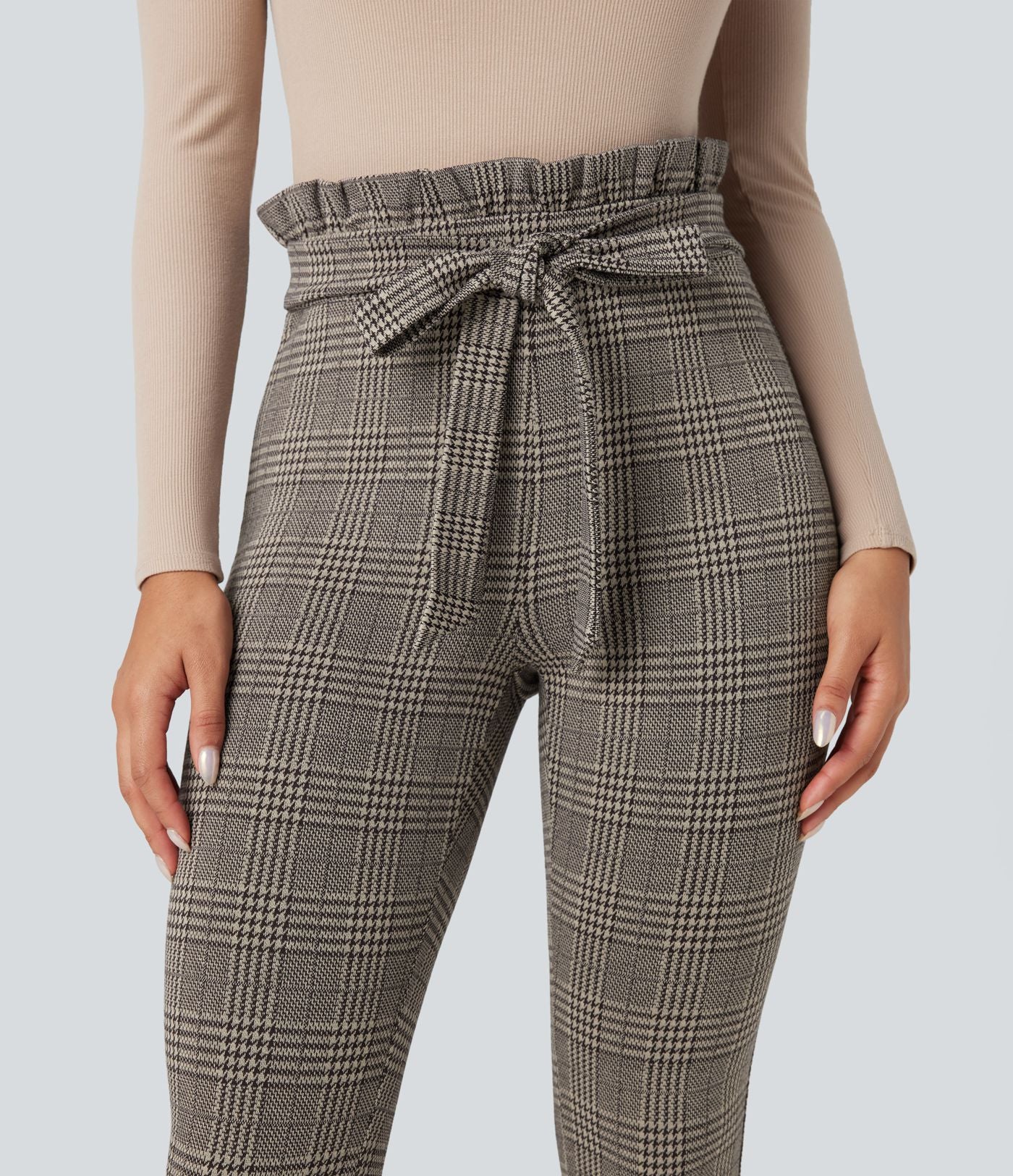 Pantalon tailleur skinny Halara Flex™ paper bag pied-de-poule carreaux taille haute à nœud avec poches