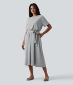 Robe T-shirt casual midi fluide col rond manches courtes avec ceinture et poches