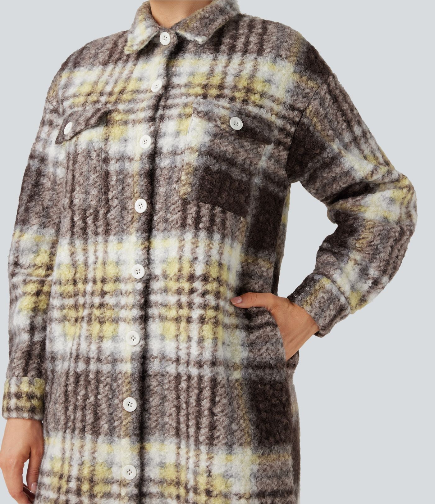 Veste sherpa longue manches longues carreaux avec poches