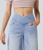 Halara Flex™ Jean large casual taille haute croisée ventre plat, avec poches