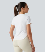 Haut de sport yoga col rond manches courtes ourlet arrondi en mesh respirant