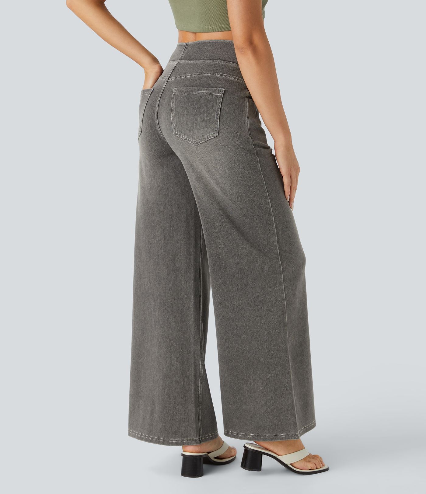 Halara Flex™ Jean Large Casual Taille Haute Poches Multiples Tricot Extensible Délavé