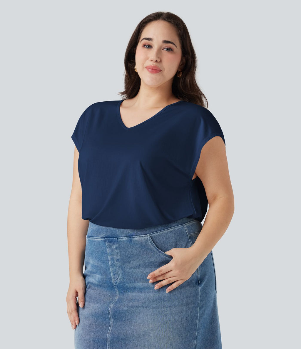T-shirt décontracté grande taille col V manches courtes