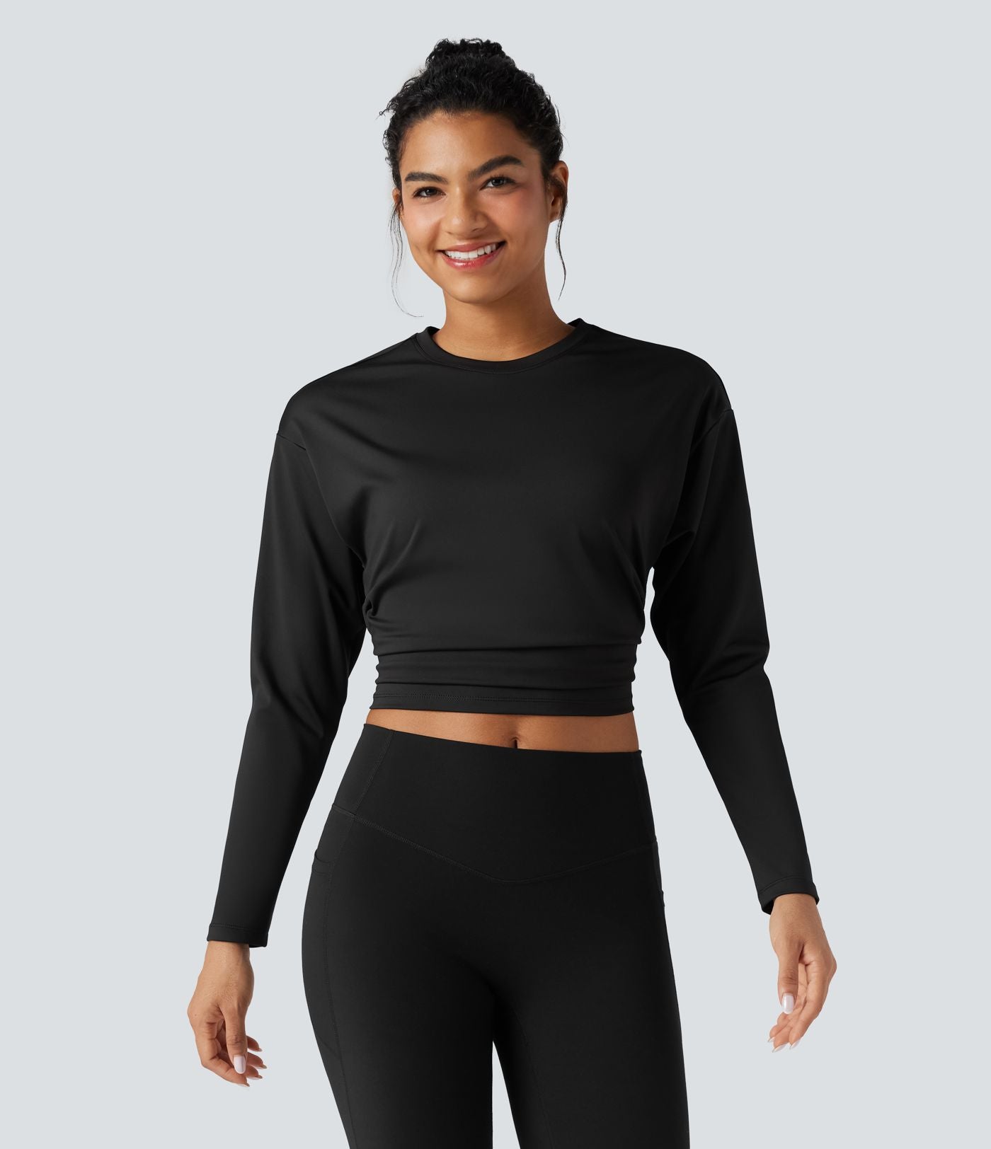 Top de sport yoga court froncé col rond manches longues