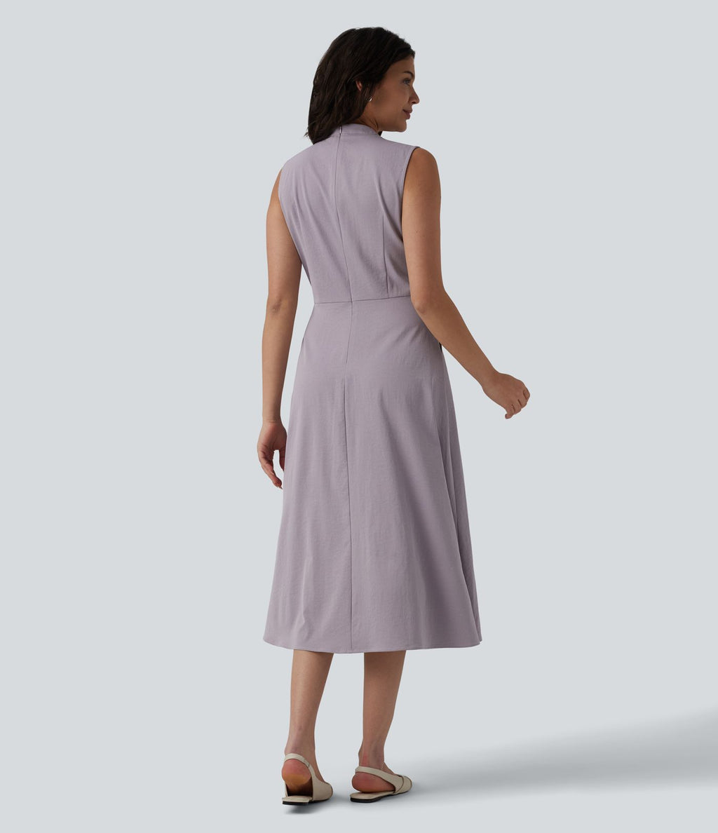 Robe mi-longue plissée col V sans manches avec fermeture éclair invisible et poches pour le travail