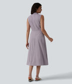 Robe mi-longue plissée col V sans manches avec fermeture éclair invisible et poches pour le travail