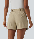 Short tailleur large en popeline stretch plissé taille haute avec ourlet roulotté et poches