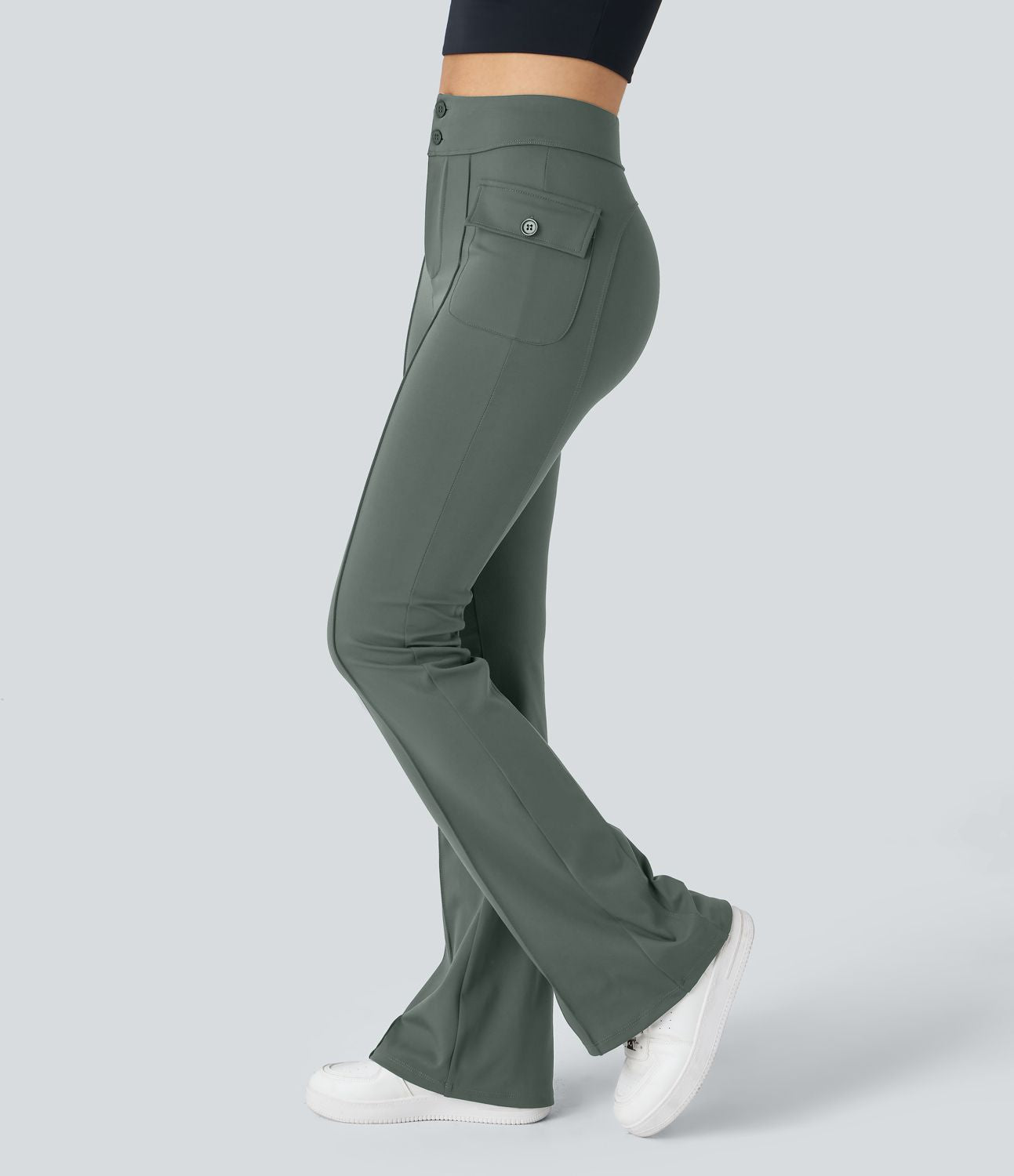Pantalon cargo décontracté évasé taille haute avec poches à rabat latérales