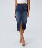 Halara Flex™ Jupe en Jean Casual Mi-Longue Délavé Extensible Plusieurs Poches Taille Haute