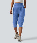 Jogging yoga corsaire chiné taille haute à fronces avec poches