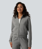 Veste casual côtelée à col montant, manches longues et fermeture zippée avec poches