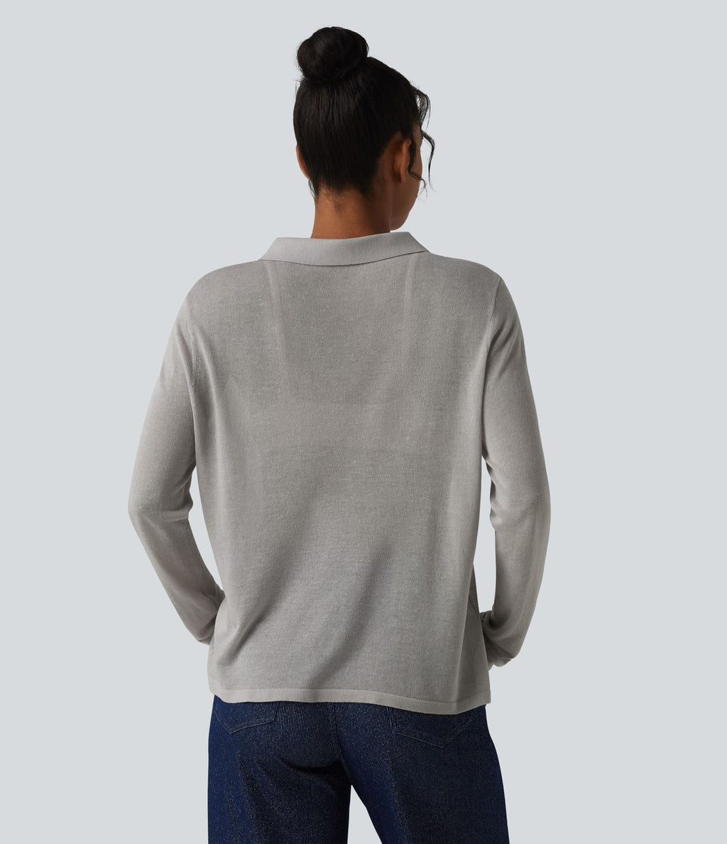 Pull casual en lyocell et lin à col polo et manches longues