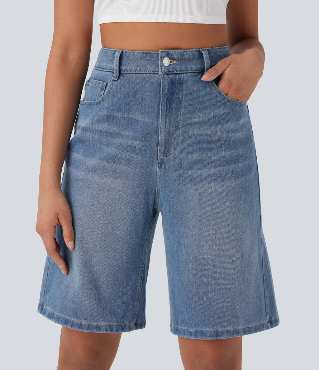 Bermuda en jean délavé Halara Flex™ taille haute à poches multiples