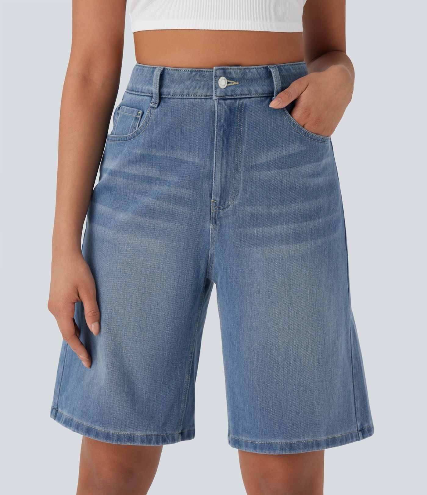 Bermuda en jean délavé Halara Flex™ taille haute à poches multiples