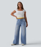 Halara Flex™ Jean Large Casual Taille Basse avec Boutons Zip Multiples Poches Lavés Élastiques et Tricotés