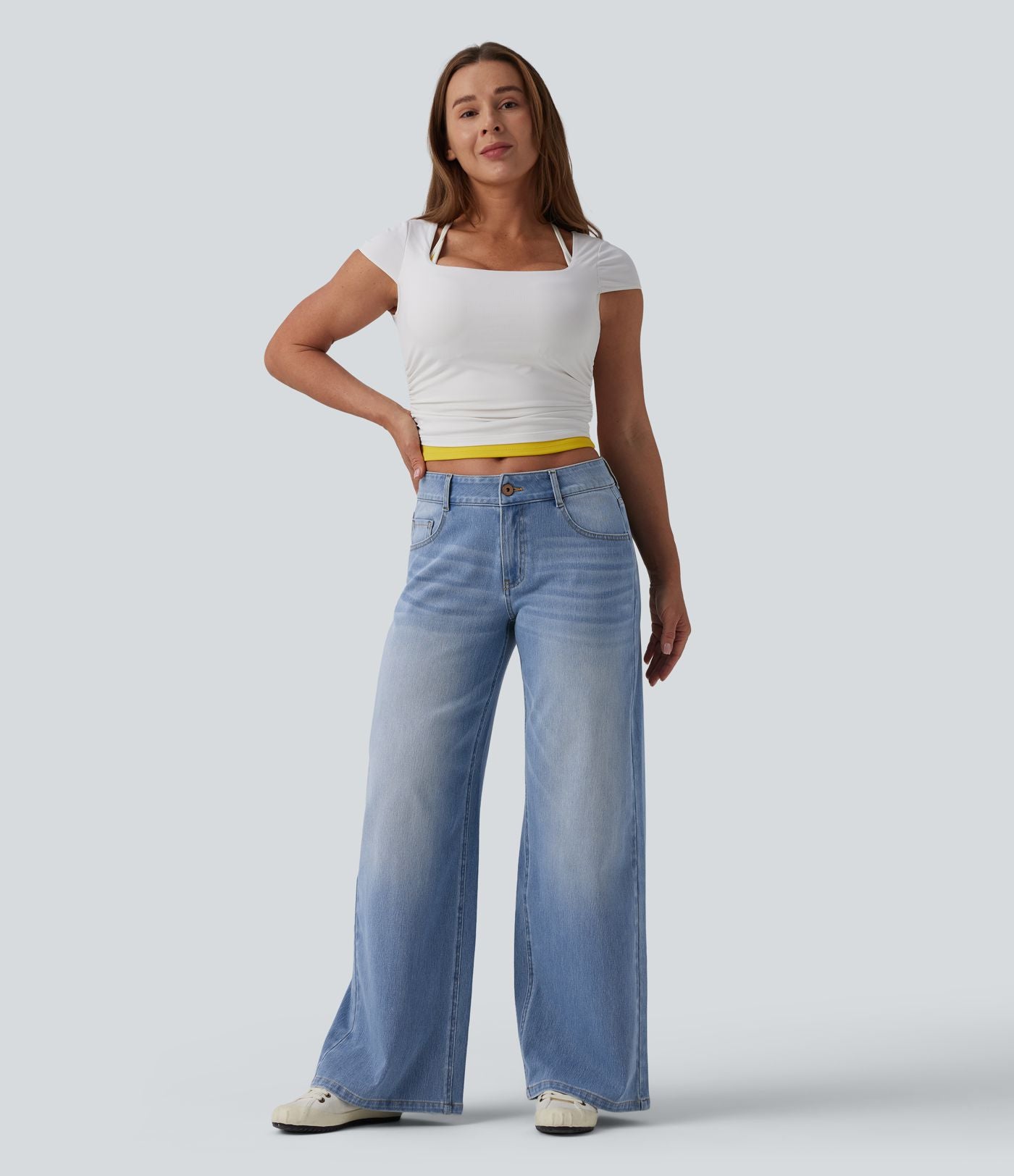 Halara Flex™ Jean Large Casual Taille Basse avec Boutons Zip Multiples Poches Lavés Élastiques et Tricotés