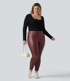 Legging grande taille en simili stretch doublé polaire, taille haute avec poches