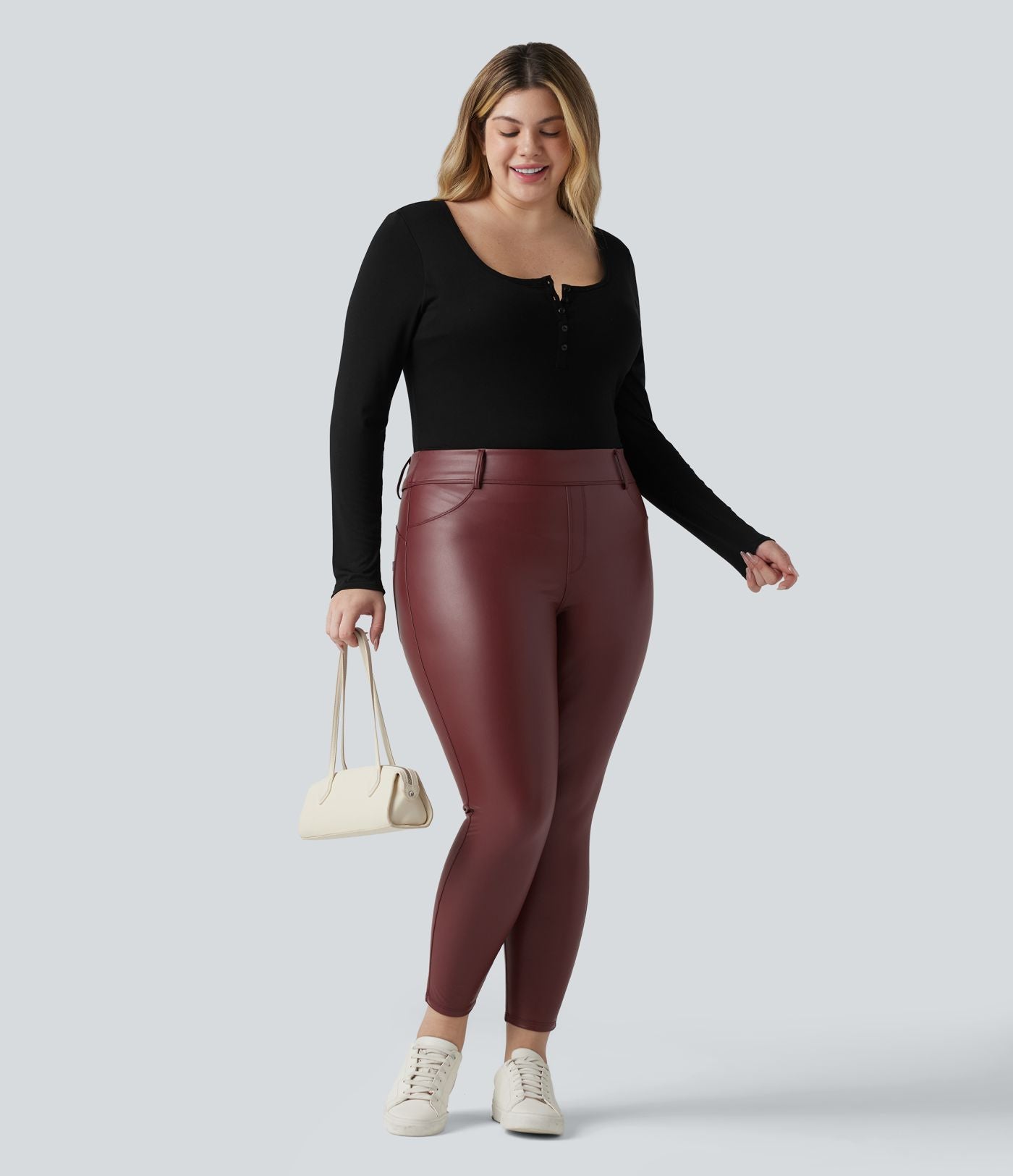 Legging grande taille en simili stretch doublé polaire, taille haute avec poches
