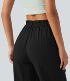 Pantalon décontracté taille haute à jambes larges en mélange de lin avec poches