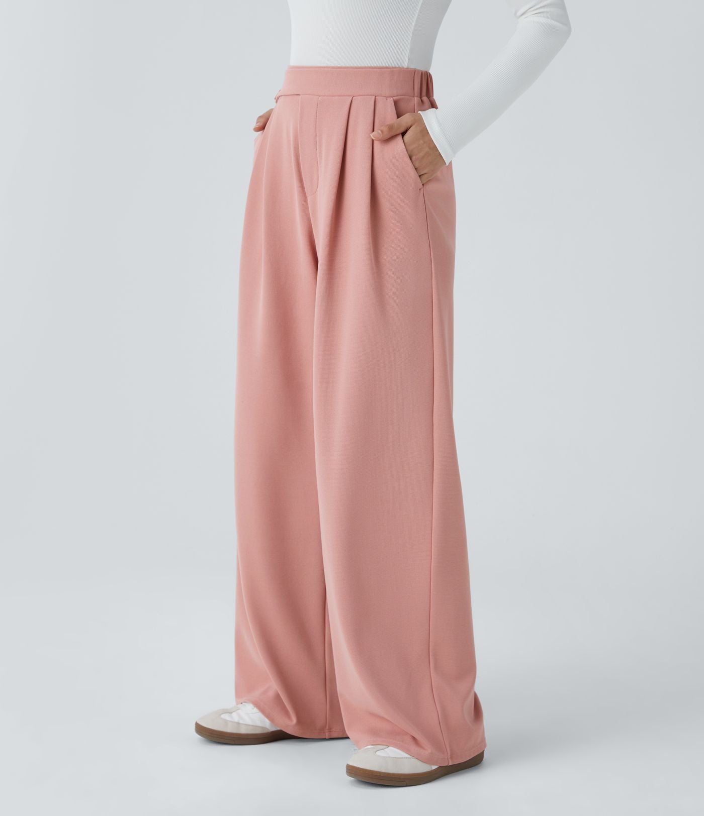 Pantalon taille haute décontracté large en maille gaufrée, avec poches
