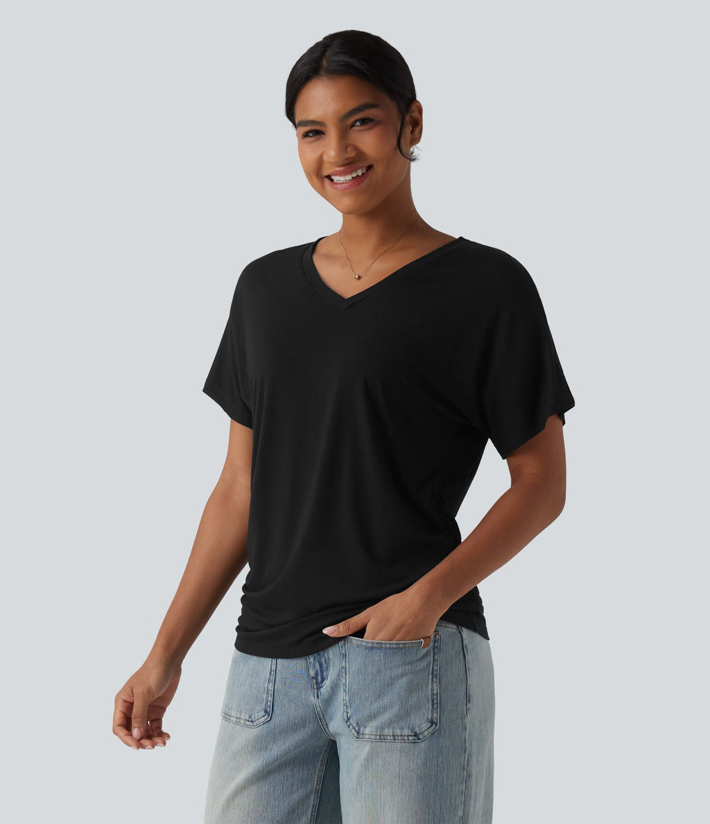 T-shirt décontracté uni à manches courtes, col V et fronces