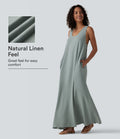 Robe maxi fluide de vacances en mélange de lin col U sans manches dos torsadé à poches