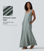 Robe maxi fluide de vacances en mélange de lin col U sans manches dos torsadé à poches