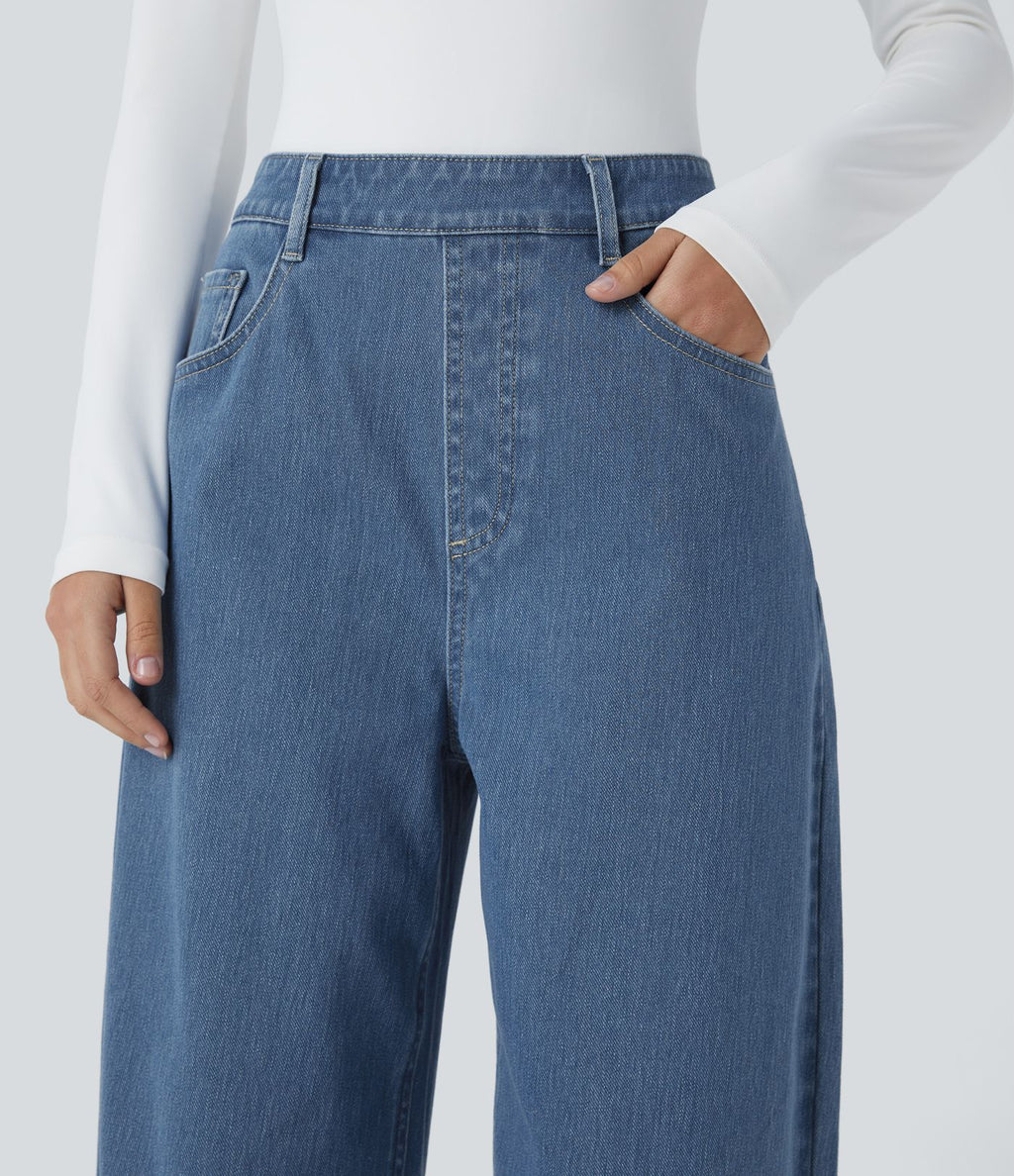 Jean ample délavé taille haute en maille extensible avec poches multiples