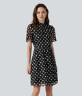 Robe décontractée col cheminée à pois en mesh avec manches à volants, ceinture et poches