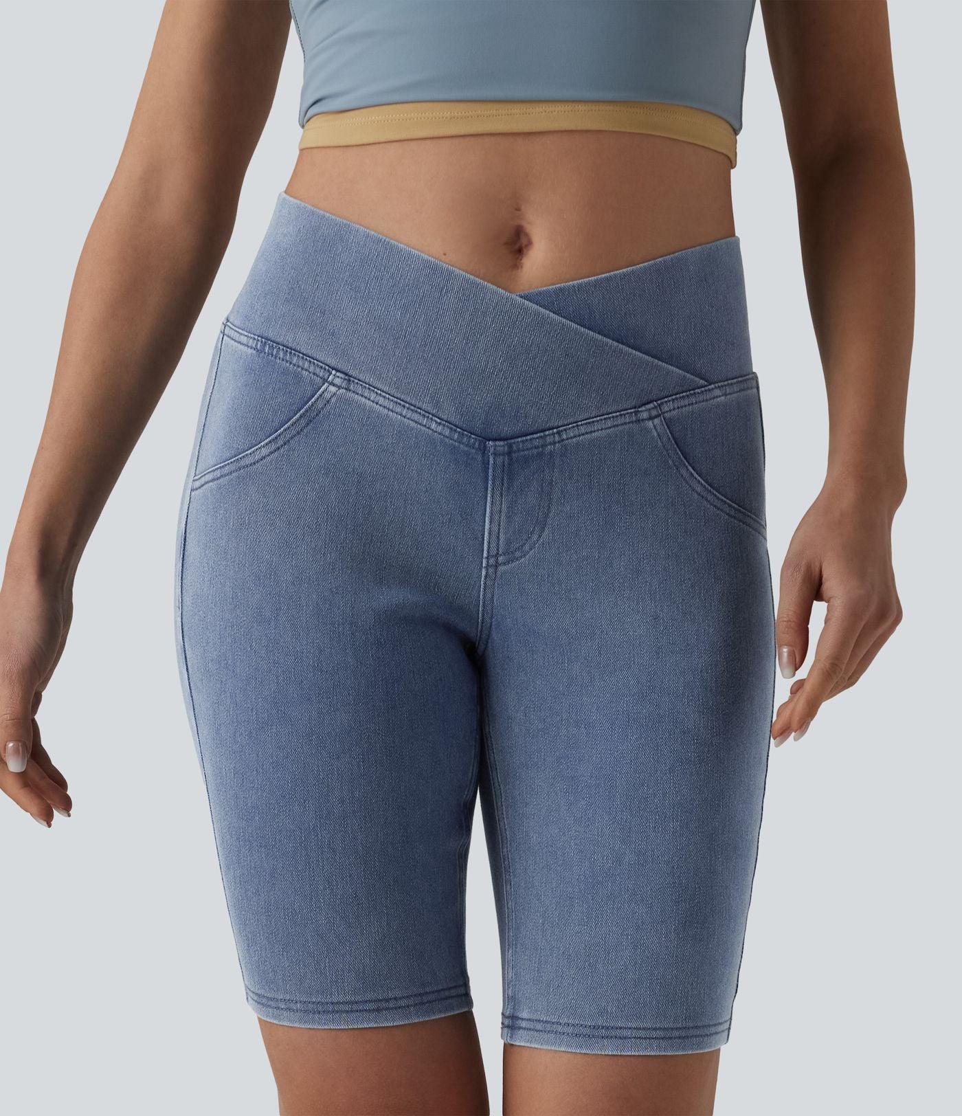 Short denim skinny décontracté Halara Flex™ croisé taille mi-haute 23 cm avec poches
