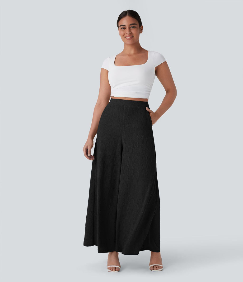 Pantalon décontracté fluide jambe large taille haute avec poches latérales