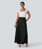 Pantalon décontracté fluide jambe large taille haute avec poches latérales